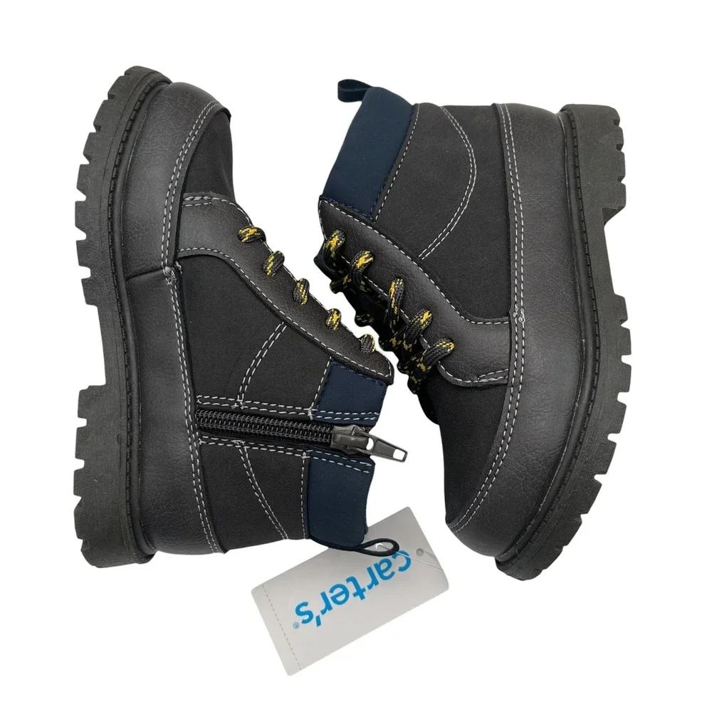 Carter's Little Boy's Trail Hiking Ankle Boots Size 11 Gray Navy Blue Side Zip